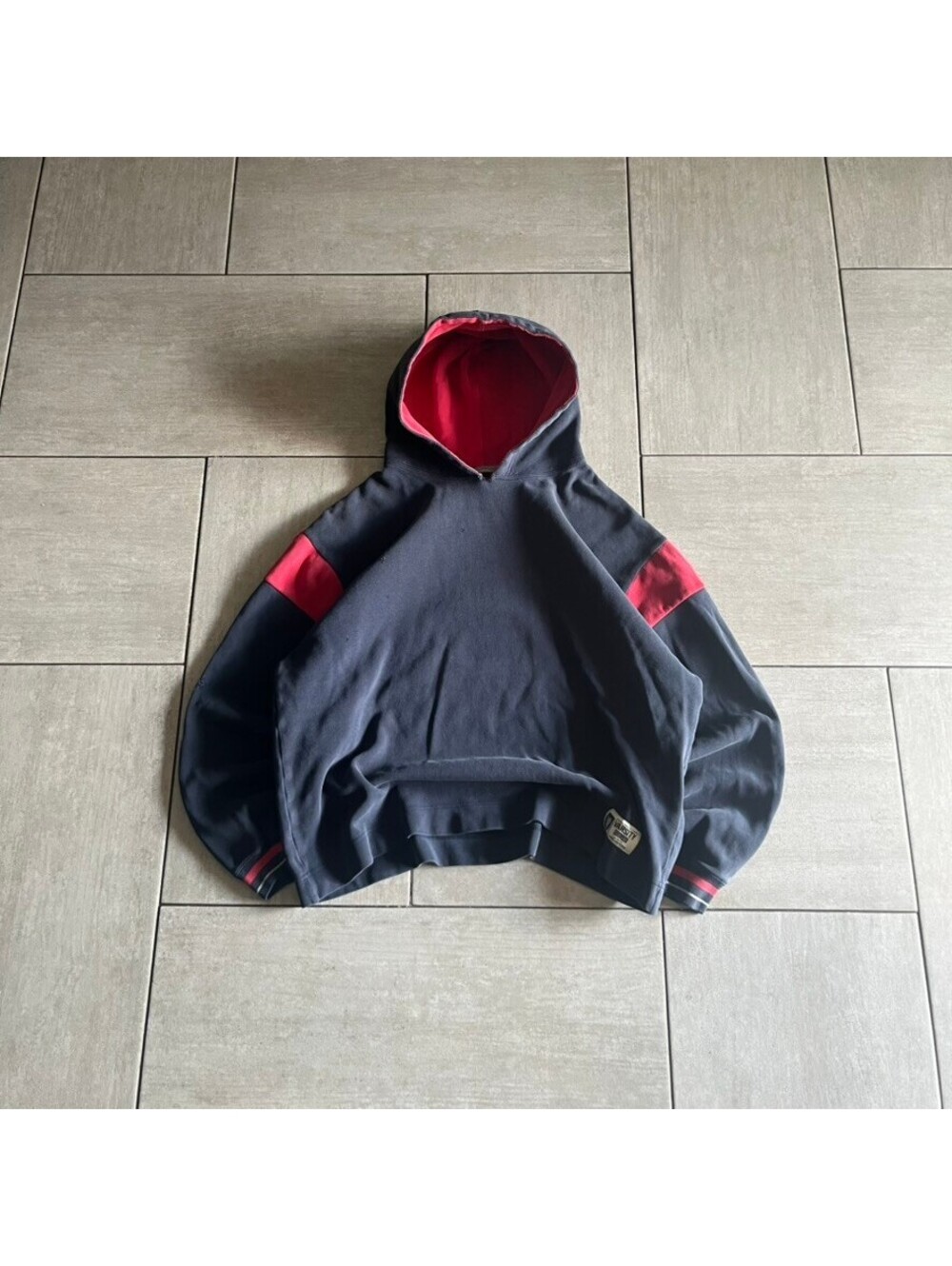 Varsity Pullover Hoodie Navy Blue with Red Accents Size L